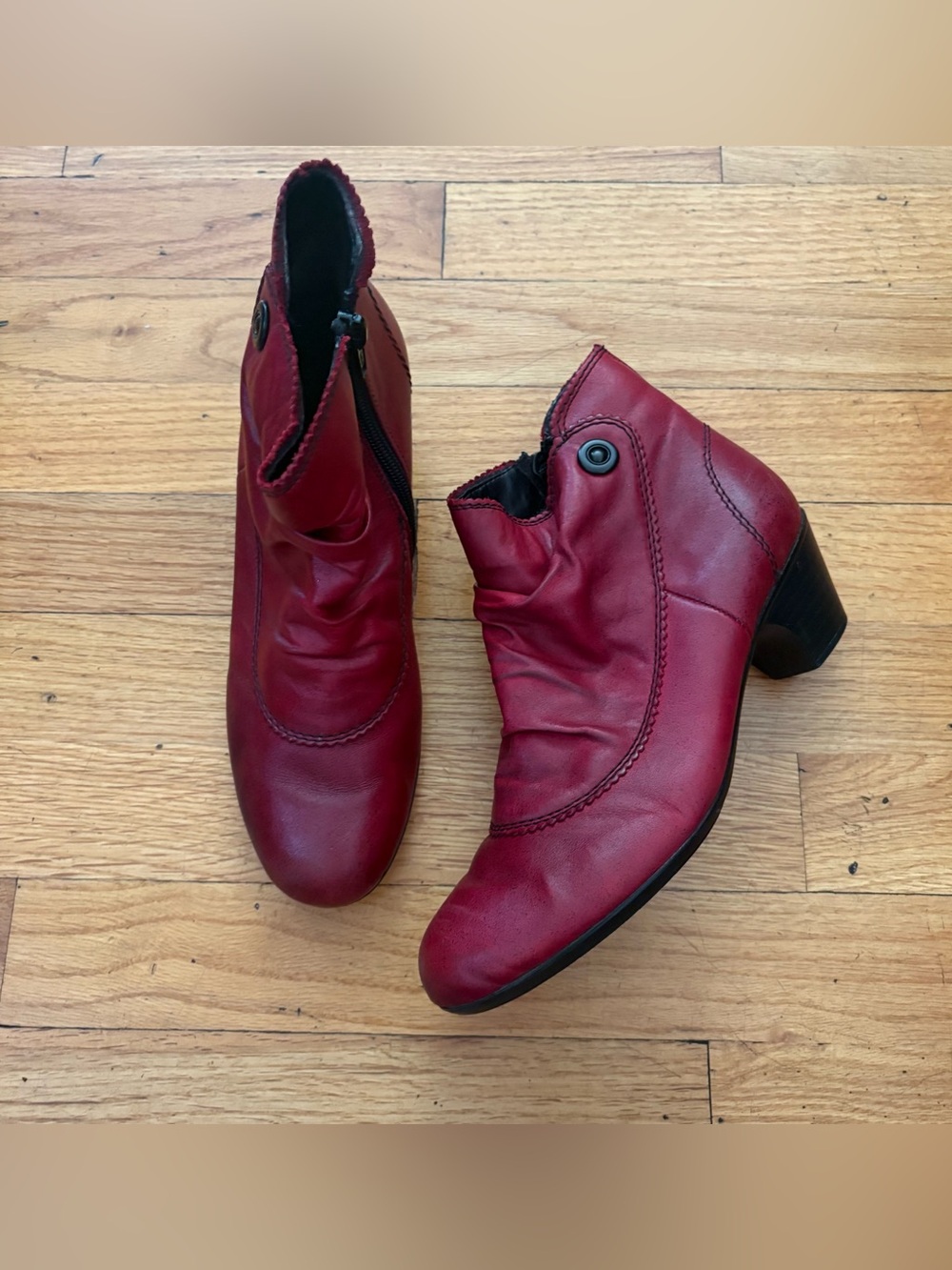 Rieker Red Leather Ankle Booties Side Zip Comfort Low Heel Size 6